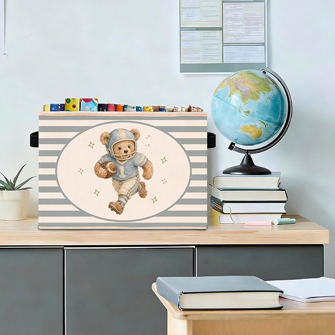 Football Teddy Bear Blue Gray Stripe Foldable Fabric Storage Bin | Football teddy bear stripe design; foldable fabric storage bin for kids room, nursery, playroom.