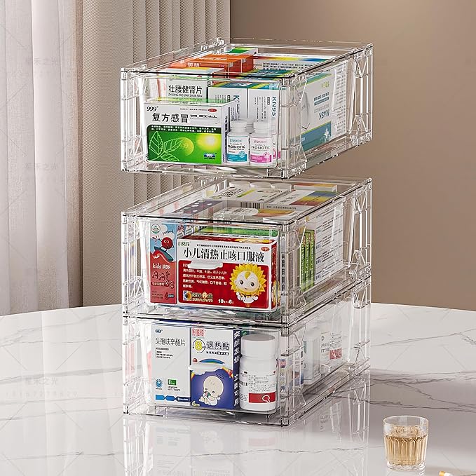 6 Pack Stackable Organizer Drawers, Clear Desk Storage Box,Transparent Drawer in Home, Office and Kitchen Pull Out Organizer Bins for Make Up, Pen, Desktop Stationary (6 Pack)
