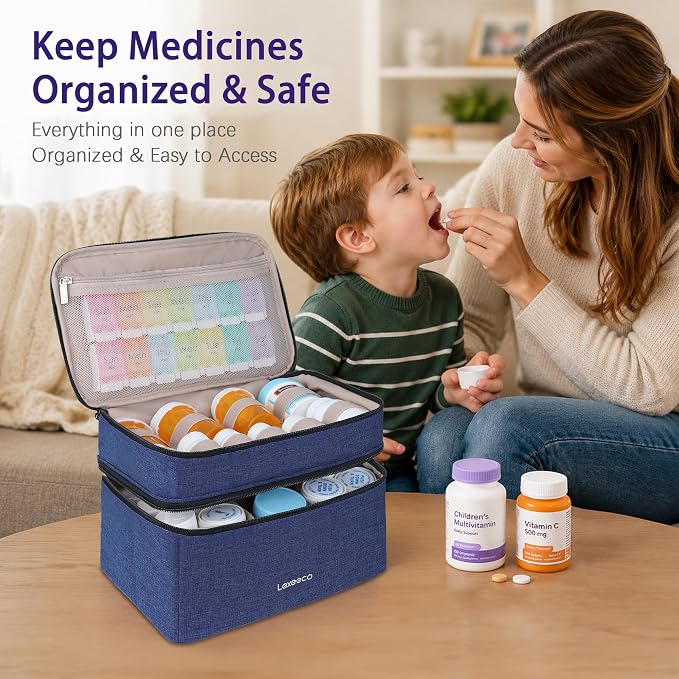 Lexeeco Dual Layers Medicine Pill Bottle Organizer Bag with Lockable Zipper | Portable Medication Bag for Pills,Vitamins,Fish Oil,Medicine Storage Box for College Dorm Student,Home,Large Travel Pill Case