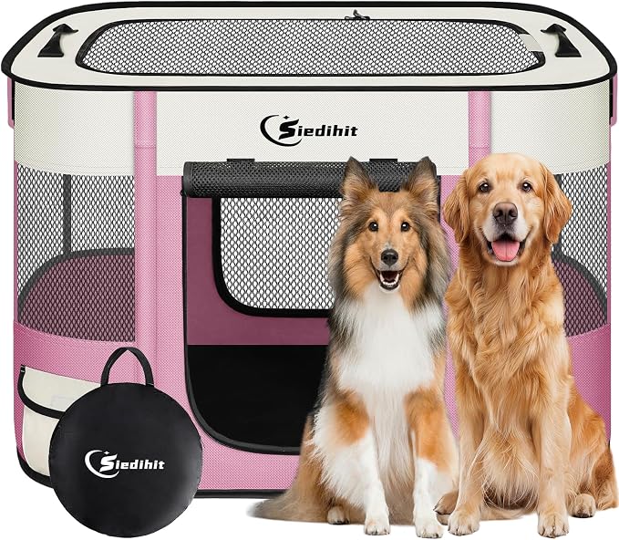 Siedihit 35" Dog Playpen,Cat Puppy Pen, Pet Portable Crate Indoor Outdoor | Durable Travel Camping Use,Foldable Dog Kennel Tent Cage for Rabbit Small Animals with Carrying Case(Pink, Large)