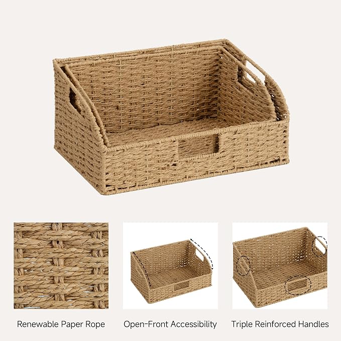 StorageWorks Pantry Baskets for Organizing,Wicker Basket for Storage,2-Pack | Paper Rope Wicker Storage Baskets for Shelves with Handles, Pantry Organizers and Storage, Shelf Baskets for Organizing