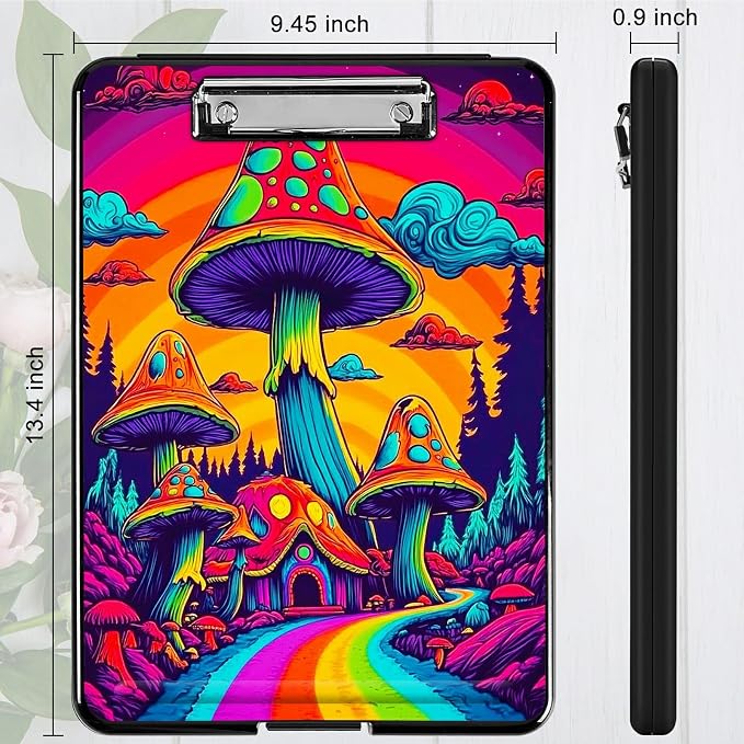 Rainbow Road Mushroom A4 Clipboard with Storage Pen Holder, Clipboards Organizer Nursing Clipboard Foldable File Folder Plastic Clipboard Folio Clip Board for Office Students Classroom