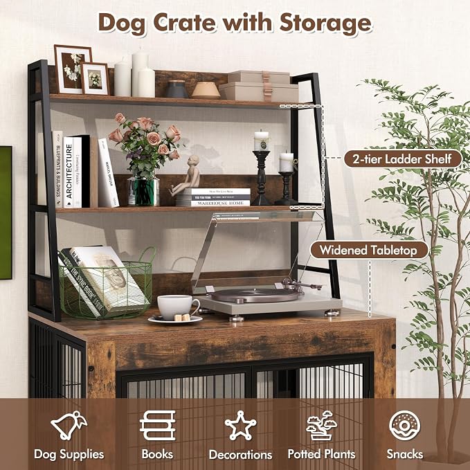 PETSITE Portable Dog Crate Furniture with Storage Shelves, 59 Inch Wooden Dog Kennel with Flip-up Top, 3 Lockable Doors and Removable Tray, Ideal for Small to Medium Dogs (Rustic Brown)