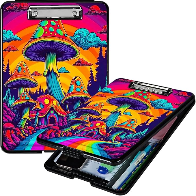 Rainbow Road Mushroom A4 Clipboard with Storage Pen Holder, Clipboards Organizer Nursing Clipboard Foldable File Folder Plastic Clipboard Folio Clip Board for Office Students Classroom