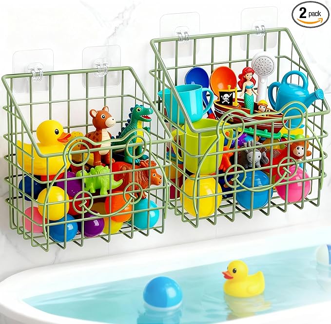 Greentainer 2 Pack Bath Toy Storage Organizer, Large Rustproof Metal Wire Basket, Wall Mounted Hanging Bathtub Holder, Bathroom Shower Caddy for Tub Toys & Toiletries