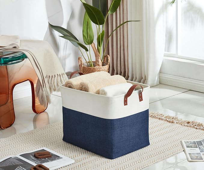 DECOMOMO Fabric Storage Bins, Extra Large Storage Baskets with Handles | 3 Pack Storage Baskets for Shelves, Laundry, Toys, Nursery (Navy Blue & White)