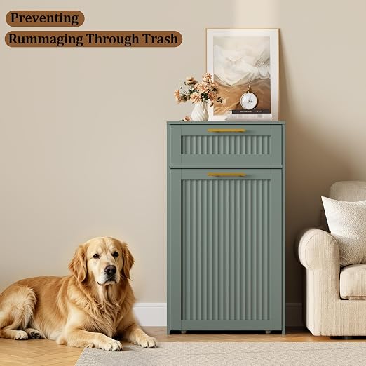 13 Gallons Pull Out Trash Can Cabinet, Hidden Trash Can, Green | Fluted Kitchen Trash Cabinet with Drawer, Freestanding Garbage Pet Proof Trash Can Holder for Laundry, Living Room