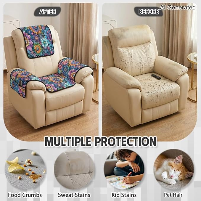 4-Piece Mandala Floral Recliner Slipcovers with Arms Non Slip | Quilted Recliner Furniture Protectors Side Pockets Armchair Slipcovers Soft Reclining Chair Cover,Machine Washable