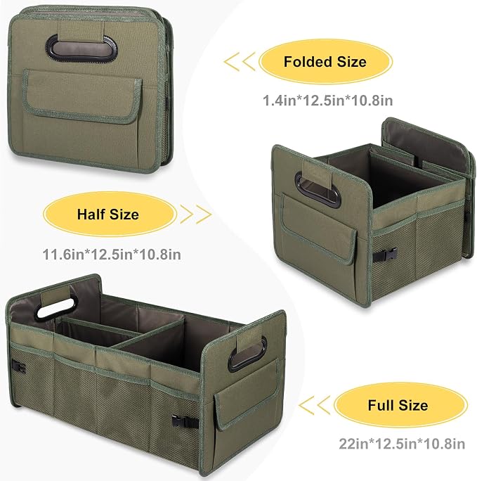 JiatuA Car Trunk Organizer, Collapsible Car Organizers and Storage Green | Sturdy, Large Capacity, Clean Decor, Multi Compartment Container Box, Adjustable Car Accessories for SUV Sedan Truck