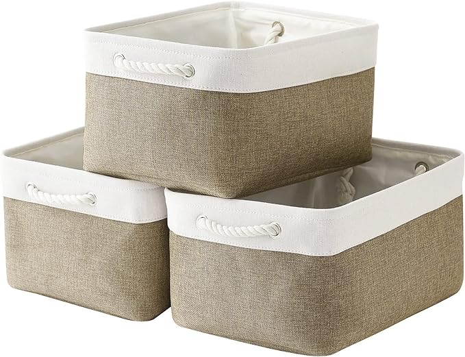 Storage Basket for Organizing - 16x12x8 inch Large 3 Pack Collapsible Storage Bin for Shelves with Handles, Fabric Storage Cubes for Organizer Cloth Gift Toy Closet (Whiet & Khaki)