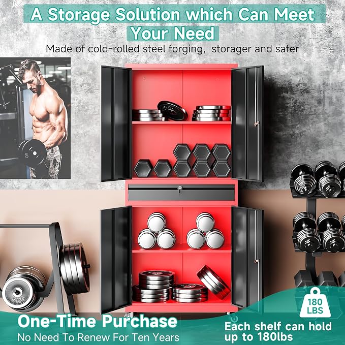 Metal Storage Cabinet with Wheels and Drawer,Rolling Garage Storage Cabinet with Lock,Black Red Metal Cabinets with Wheel,73" Mobile Tall Tool Cabinets on Wheel for Home,Office,Garage,Shop