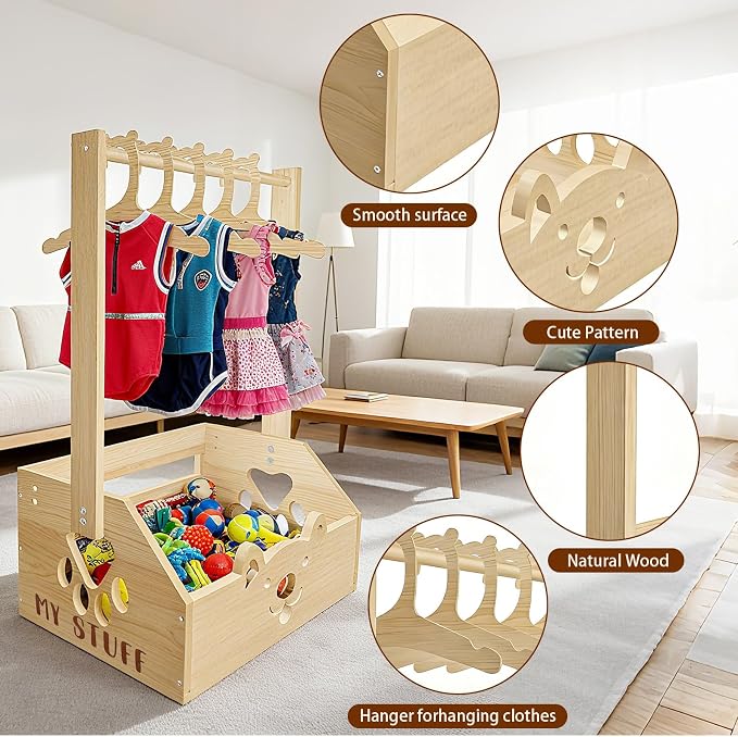 20" x 13.5" x 9" Wooden Dog Closet for Small Dogs - 2-in-1 Clothes Hanger & Storage Basket, with Cute Pet-Face Design, Practical Organizer for Pet Supplies, Home Decor & Dog Gear Tidying