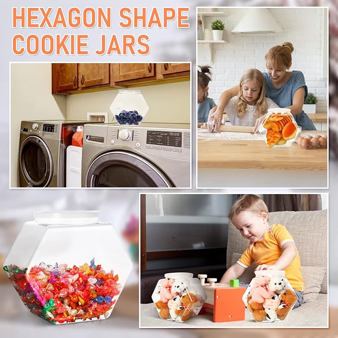 EBOOT 4 Pieces 70 oz Plastic Candy Jars Clear Cookie Jars bulk for Kitchen Counter Hexagon Cookie Jar with Lid Laundry Pod Storage Container Dry Food for Buffet Snack Craft Supplies
