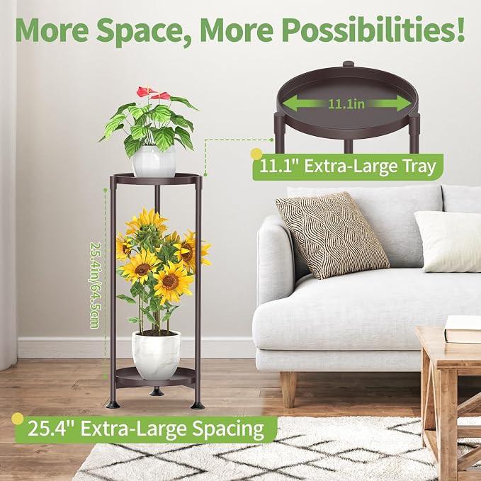 KMOTASUO 2 Tier Metal Plant Stand Tall for Indoor Outdoor Corner, Bronze | Heavy Duty Flower Holder Rack, Modern Vertical Iron Shelf for Patio Bathroom Office Garden