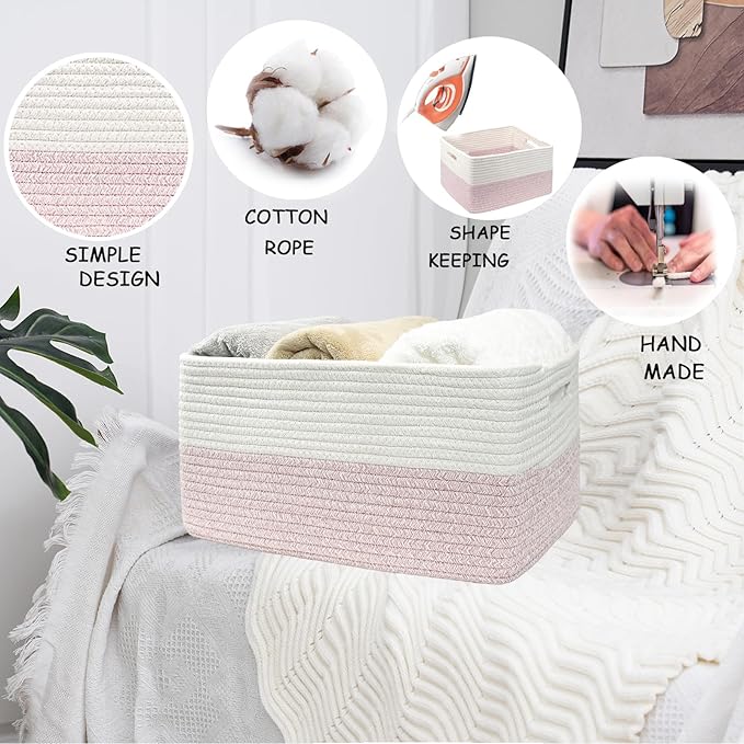 COMFY-HOMI Cotton Rope Woven Basket with Handles for Shelves,Toys,Book, Cloth Storage Baskets Bin for Organizing- 1 PCSToy Decorative Organizer for Living Room, Bathroom 17" x 13" x 7.5"