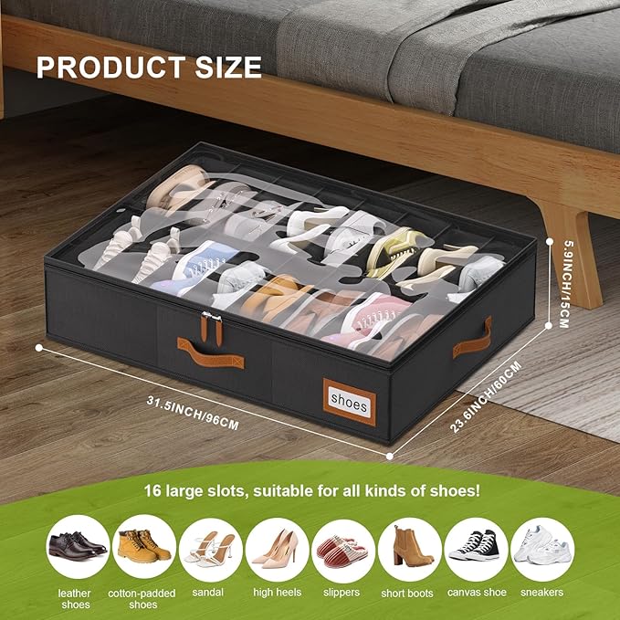 Shoe Organizer Under Bed, Fits 32 Pairs, Under bed Shoe Storage Boxes with Study Handles and Clear Cover, zapateras organizer for shoes, set of 2
