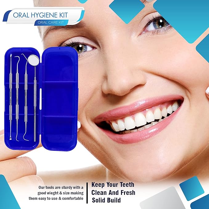 Dental Care Set Dentist Tools Kit, Professional Calculus and Plaque Remover Set, Dental Hygiene Kit, Teeth Plaque Remover Tool Metal Tooth Pick and Dental Mirror(Blue)