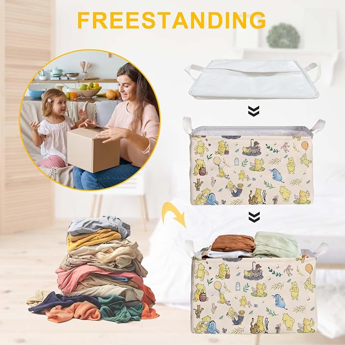 Winnie baby Stuff，Winnie Storage Nursery Basket, Large squarecanvas Laundry Hamper With A Waterproof PECoating, Foldable, Bathroom and Bedroom SetClothes ,Toys Bin, Baby Nursery HamperDecor