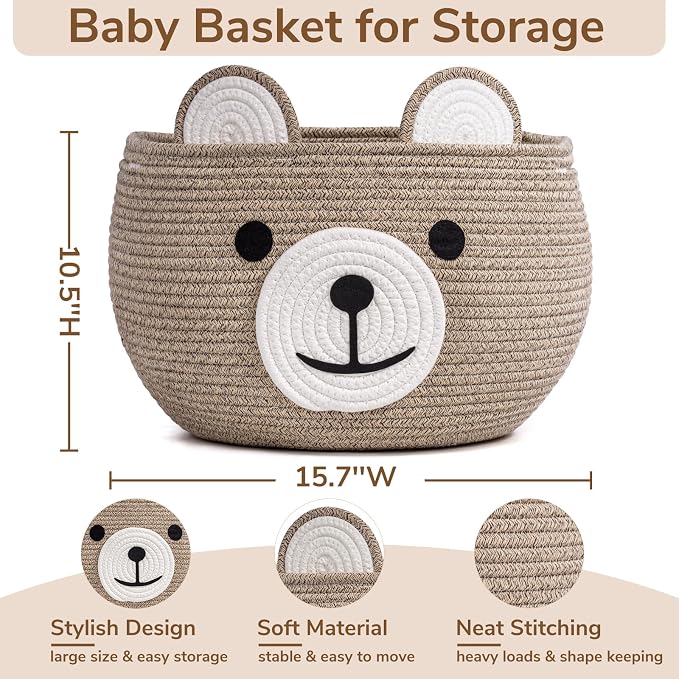 CherryNow Large Baby Basket for Gifts Empty, Cute Bear Design, Light Brown | 15.7" x 10.5" Baby Shower Basket for Kids Boys Newborn Storage, Woven Rope Toy Basket, Fits Living Room Nursery Décor