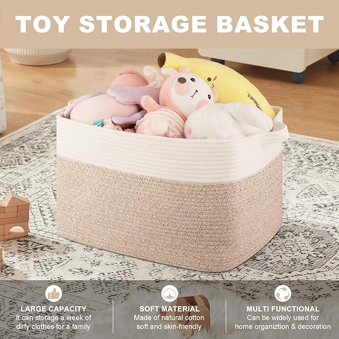 OIASKET Blanket Basket for Living Room, Cotton Rope Basket for Storage, Toy Baskets Bin for kids, Woven Baskets with Handles for Clothes, Towels, Pillows, 20" x 16" x 12", Brown and White