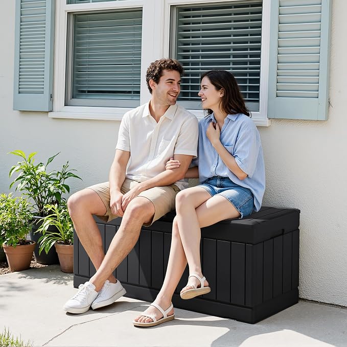 Devoko 78 Gallon Deck Box, Waterproof Resin Outdoor Storage Box | Outdoor Storage Bench Lockable for Outside and Patio Furniture, Garden Tools and Pool Supplies