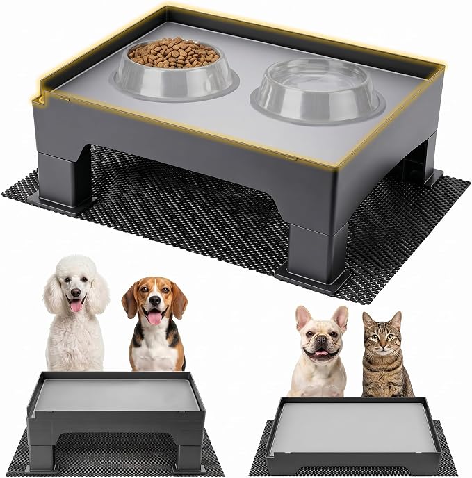 Elevated Dog Bowl Stand and Waterproof Non Slip Mat,1 Set,Gray Pad | Reduce Neck, Joint and Spinal Strain, Sturdy Legs, Easy Clean Silicone Pet Food Mat, For Small & Medium Dogs, Cats