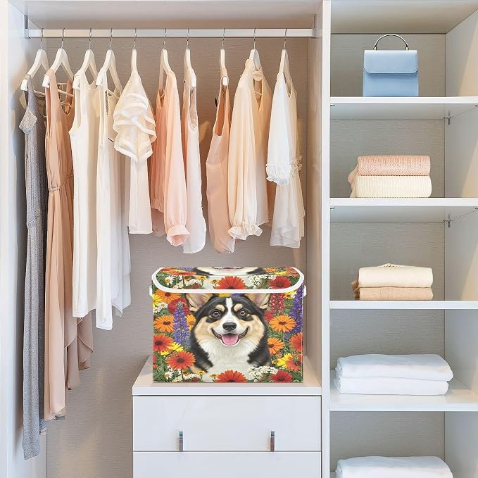 Pet Flower Storage Bins with Lids Closet Bedroom 40L Storage Basket | Decorative Storage Boxes, Foldable & Stackable, Dust-Proof Flip Top, Reinforced Handles, For Home & Dorm, Clothes & Toy Box