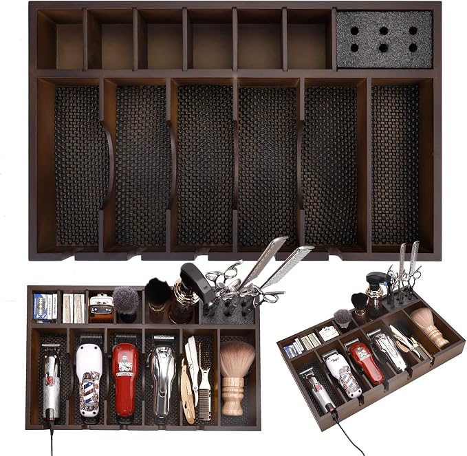 Barber Organizer Station, Wooden Multi-Functional Barber Accessories Storage Tray, Adjustable Multi-Slot Hairdressing Tool Storage Station Suitable for Hair Salons, Home Use, and Pet Shops
