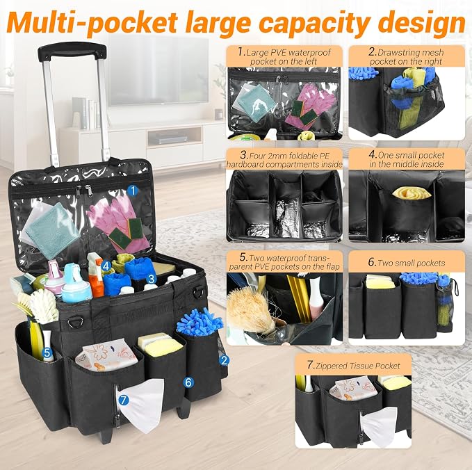 Large Cleaning Caddy Bag with Wheels,Cleaning Bags with Detachable Trolley,Cleaning Supplies Bag Built-in Hard Support Board,Waterproof,Multiple Storage Pockets for Housekeepers