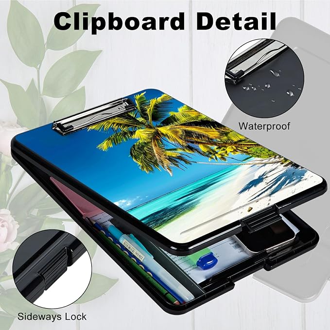 Blue Beach Palm Tree A4 Clipboard with Storage Pen Holder, Clipboards Organizer Nursing Clipboard Foldable File Folder Plastic Clipboard Folio Clip Board for Office Students Classroom