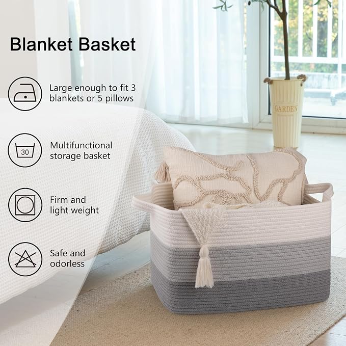 OIAHOMY Woven Blanket Basket Laundry Basket Dog Toy Basket Gradient Grey | Large Storage Basket,Baby Basket,Toy Storage,Woven Rope Basket for Blankets,Blanket Storage for Living Room