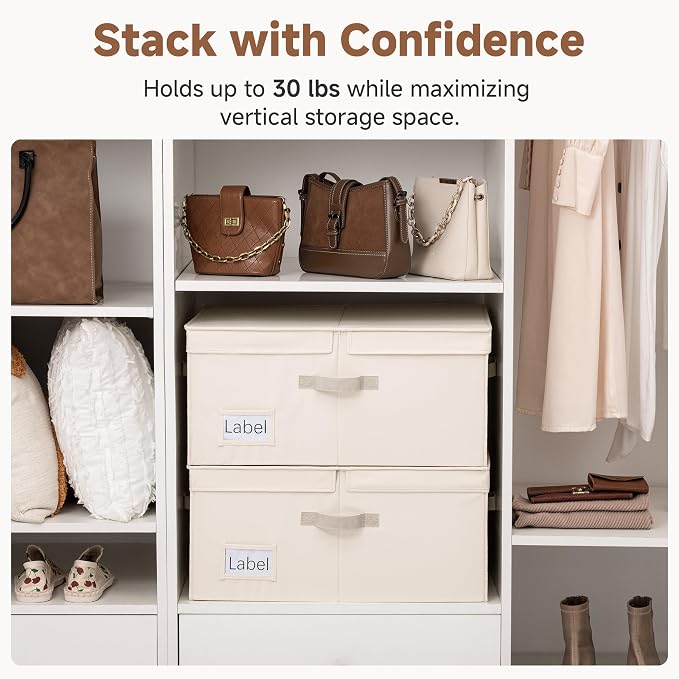 StorageWorks 55L Extra Large Fabric Storage Bins with Lid, Foldable Closet Organizer Boxes with Label and Handles, Decorative Storage Baskets for Clothing and Blankets, Cream White, 2-Pack