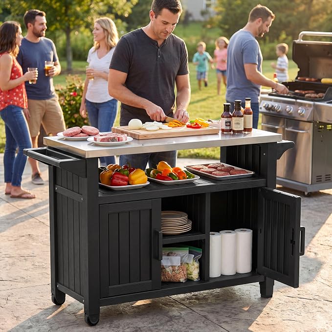 Bifanuo Outdoor Grill Table Grill Cart with Stainless Steel Top & Storage Cabinet for Food Prep and Storage, Portable and Durable with Wheels (Standard Black)