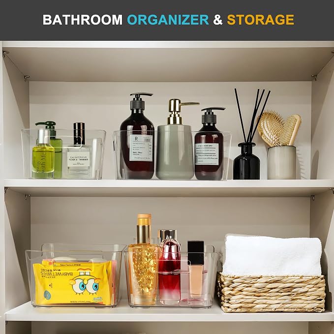 Heyuzb Pantry Organizers and Storage, Clear Plastic Storage Bins | 12 PACK, Large BPA - Free Organizer Bins, Home Essentials for Kitchen, Under Sink, Bathroom, Cabinet Organization