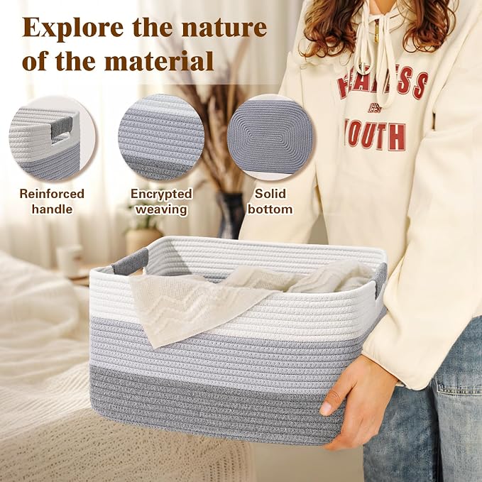 3 Pack Large Storage Basket for Organizing, 17.5"x13"x7" Woven Basket for Shelves, Closet Cube Storage Bins with Wrapped Handle, Cotton Rope Baskets for Kitchen, Clothes, Toys(Gradient Grey)