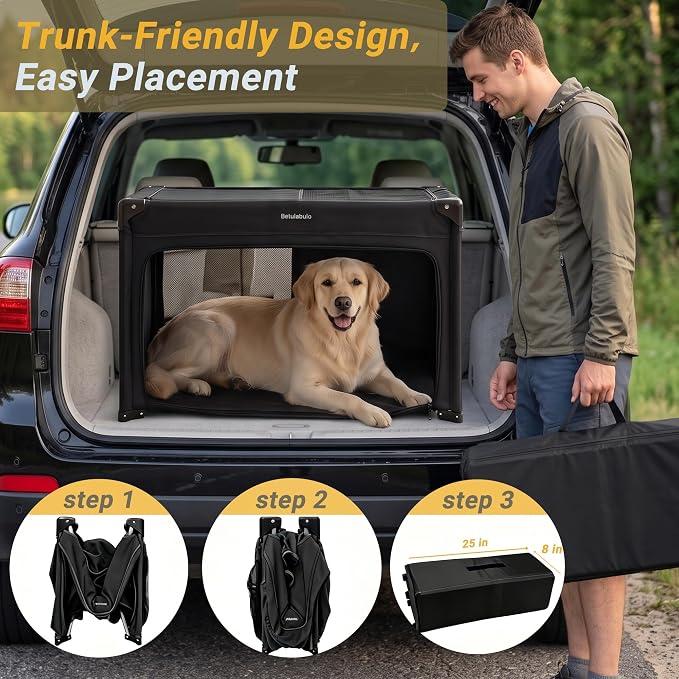 36 Inch Collapsible Travel Dog Crate, 4 Doors & Soft Pet Mat | Portable Dog Travel Crate for Medium Dogs,Large Storage Bag & Breathable Mesh,Soft Sided Dog Crate for Indoor & Outdoor Black