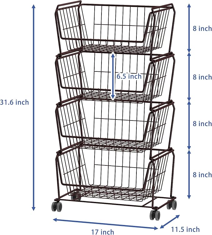 PUSDON 4-Tier Spacious Stackable Wire Storage Baskets with Wheels, Metal Rolling Utility Cart, Produce Basket for Pantry, Bathroom Organizer Shelf, Vintage Bronze
