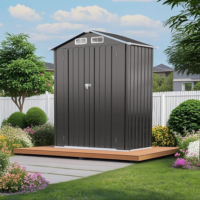 5X3 FT Metal Storage Shed, Tool Shed Outdoor Storage with Peaked Roof Waterproof and Clear Window, Metal Storage Shed with Lockable Door, Galvanized Steel Outdoor Shed for Backyard Patio,Gray