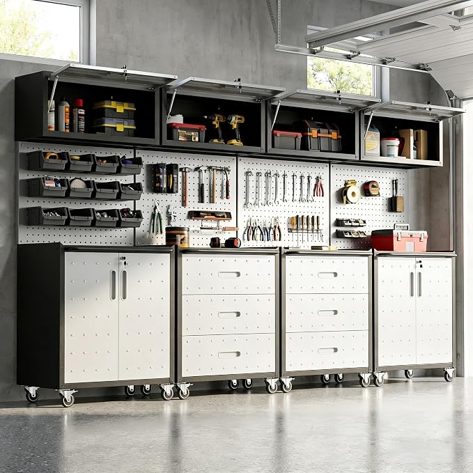 Garage Cabinet System | Heavy Duty Steel All-in-One Modular Garage Cabinet Set for Ultimate Workshop Organization | Easy Assembly Garage Storage Cabinets & Tool Bench