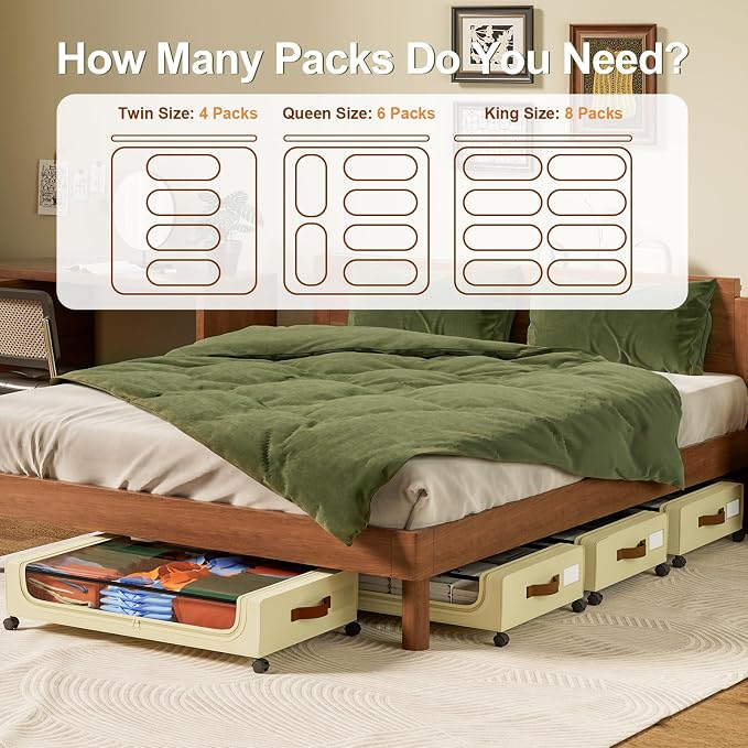 GoMaihe Under Bed Storage with Wheels 48L Beige 4-Pack | Underbed Storage Containers with Lids Rolling Bins for Shoes Clothes in Dorm Bedroom - Metal Drawers Easy Pull-out