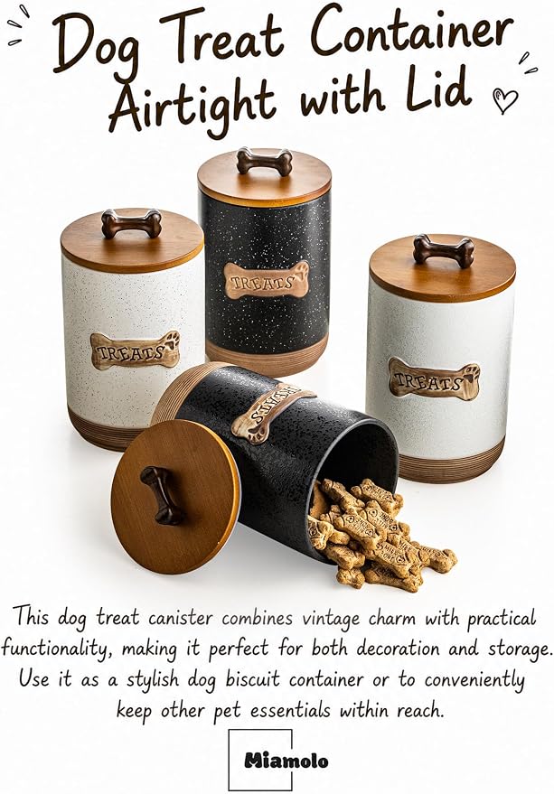 Miamolo Airtight Dog Treat Jar with Lid, Dog Treat Container for Countertop | Ceramic 8 Cups, Easy to Open | Small Dog Food Storage Canister, Farmhouse Dog Biscuit Jar Dog Lovers Gift | Bone Dotted White