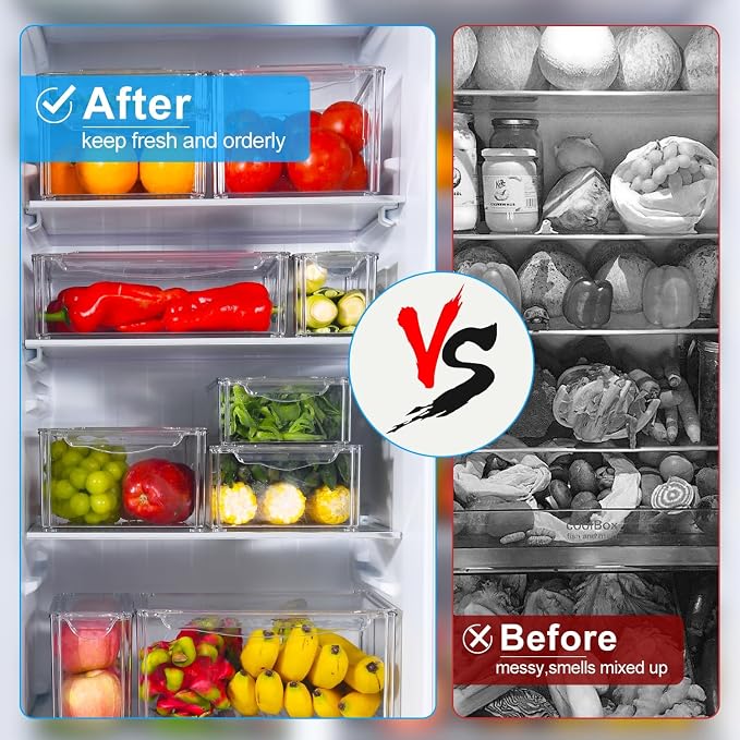 KUMD 10 Pack Food Storage Organizer Bins, Clear Stackable Containers | Organizer bins with lids for food packets, snacks, spice pouches, tea & dry goods. Fits pantry, kitchen cabinet & countertop