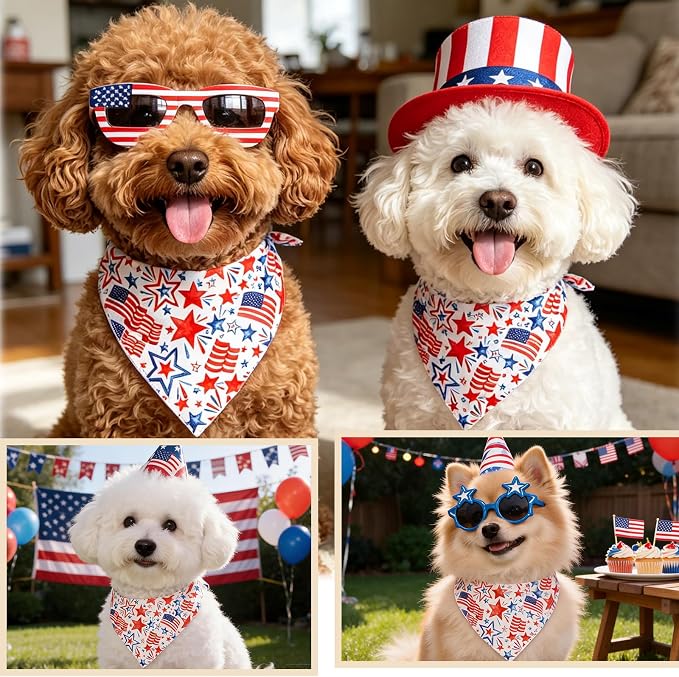American Flag Dog Bandana, Abstract American Flag Print Triangle Scarf, Adjustable Snap Button Patriotic Neckwear for Small & Medium Breeds (5-30lbs)
