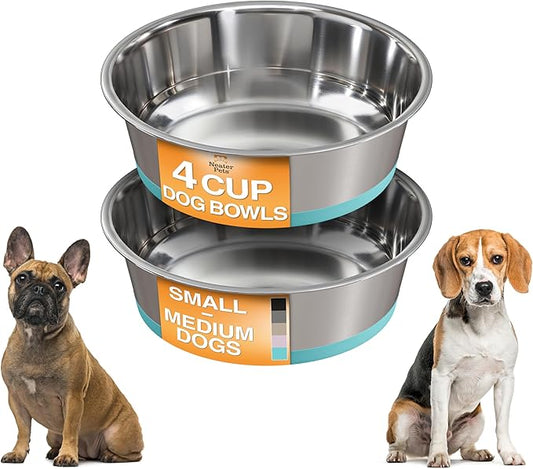 Neater Pet Brands Stainless Steel Dog Bowls with Non-Slip Rubber Bottom – Set of 2, 4 Cup (32 oz), Teal - Heavy Duty Metal Dog Bowl, Dishwasher Safe, Food or Water Bowl, Ideal for Medium Dogs