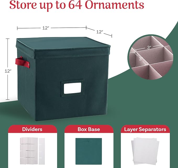 Elf Stor Christmas Ornament Storage Box, Green, 12” x 12” x 12” | Durable Holiday Organizer Cube with 64 Compartment Dividers, Riveted Handles, and Lid