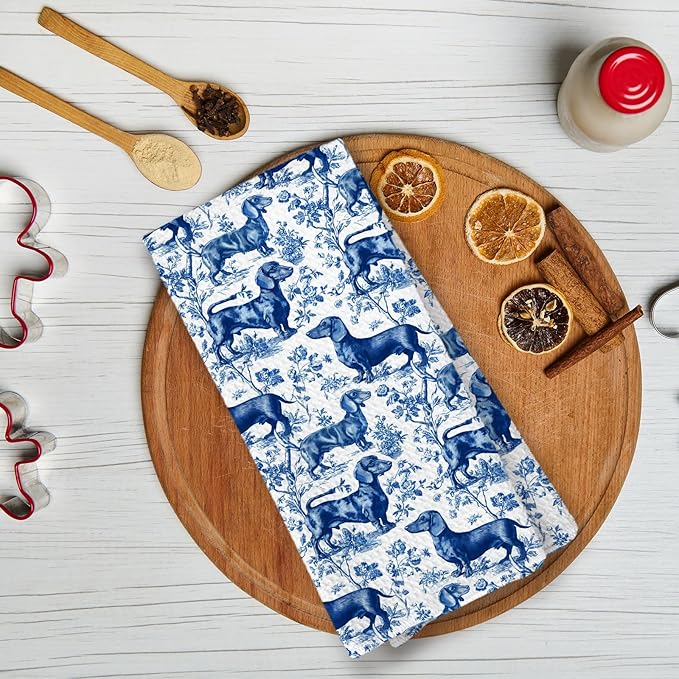 Blue and White Chinoiserie Dachshund Flower Kitchen Towels,Dachshund Weiner Dog Lover Gifts for Women Mom Dish Towels,Botanical Weiner Dog Hand Towel Decorative Set Home & Kitchen