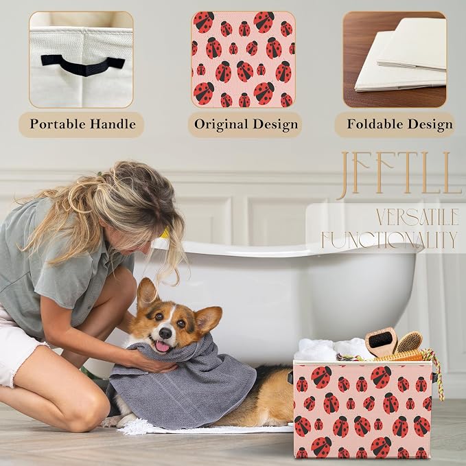 Ladybug Storage Bins with Handles, Ladybug Gifts for Women Men, Cute Ladybird Insect Collapsible Laundry Basket Storage Box for Home Bedroom Bathroom Clothes Toys Books -Pink