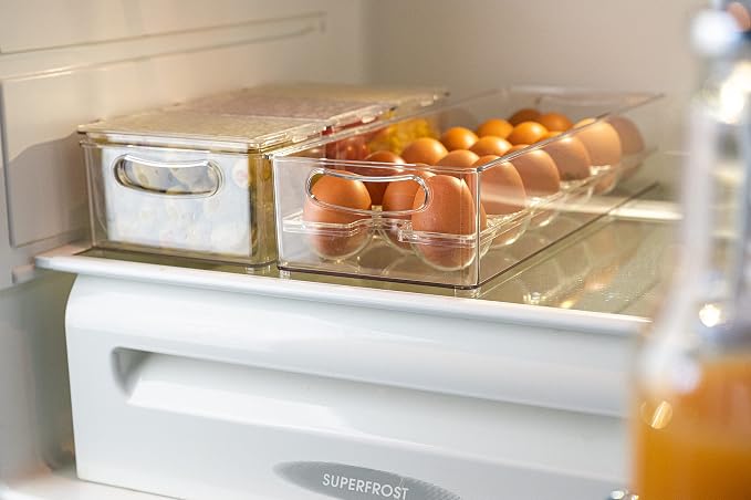 Pikanty Egg Holder for Refrigerator with Removable Tray - Holds 17 Eggs, Clear Plastic Container with Pull Handles for Bulk Eggs, Farm Fresh, Backyard Chickens, Dishwasher Safe, Made in USA