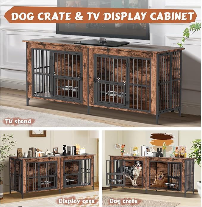 79'' Double Dog Crate Furniture for 2 Dogs, Wooden Dog Kennel with Removable Divider, XXL Dog House Indoor with Rotating Bowl Holders, Heavy Duty Dog Crate TV Stand (78.7"L x 27.6"W x 33.5"H)