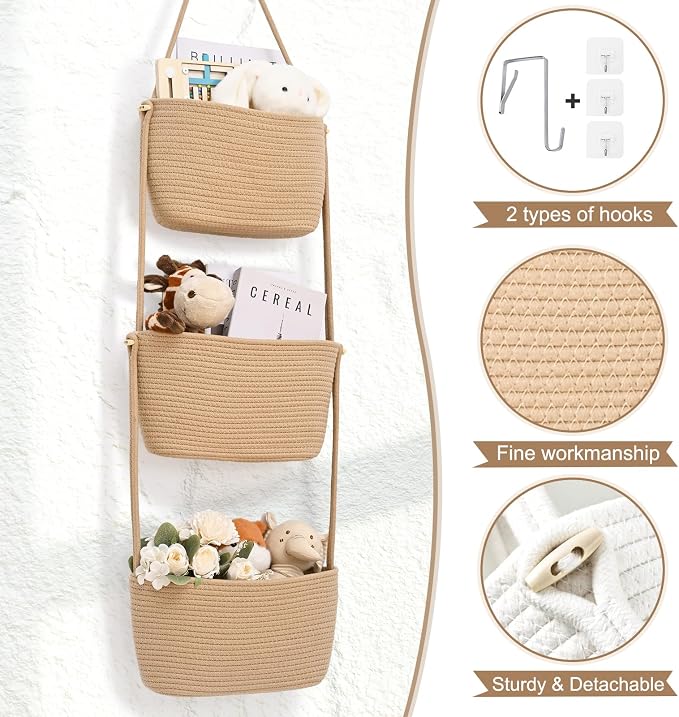 Hanging Basket, 3-Tier Woven Wall Basket with 4 Hooks, Cotton Rope Storage Baskets, Over the Door Organizer for Nursery, Bedroom, Cottage and Boho Wall Decor